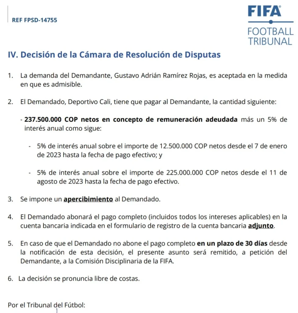 Veredicto de la Cámara de resolución de Disputas de la Fifa