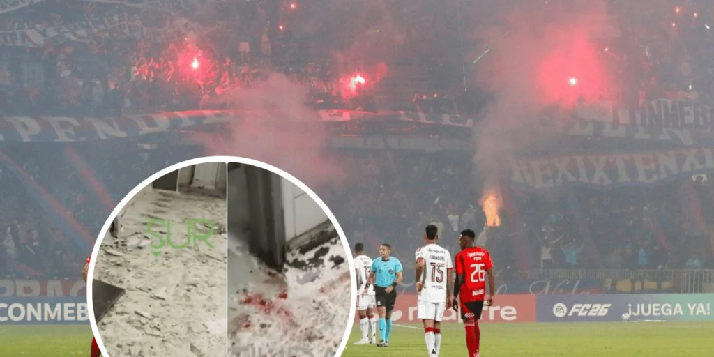 Baños destruidos en la tribuna norte del Atanasio Girardot tras los disturbios en el partido DIM vs Flamengo.