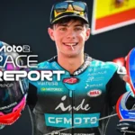 David Alonso celebra su primera victoria de la temporada en Moto2 tras imponerse en el Gran Premio de Países Bajos en el circuito de Assen.