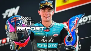David Alonso celebra su primera victoria de la temporada en Moto2 tras imponerse en el Gran Premio de Países Bajos en el circuito de Assen.